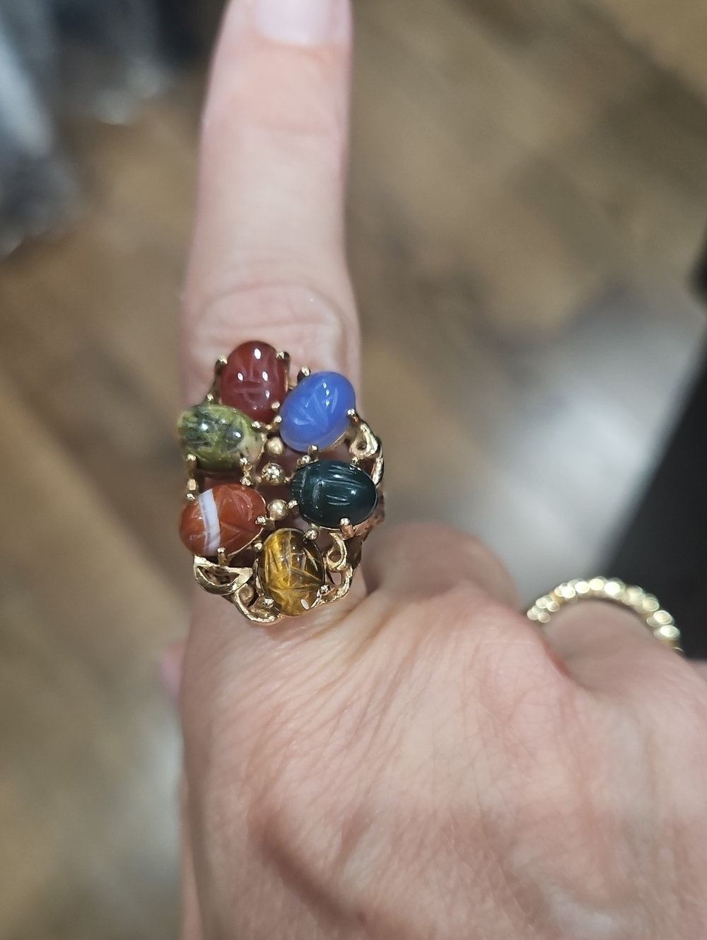 14k Gold And Multicolor Natural Stones Scarab Cocktail Ring - Women Jewelry